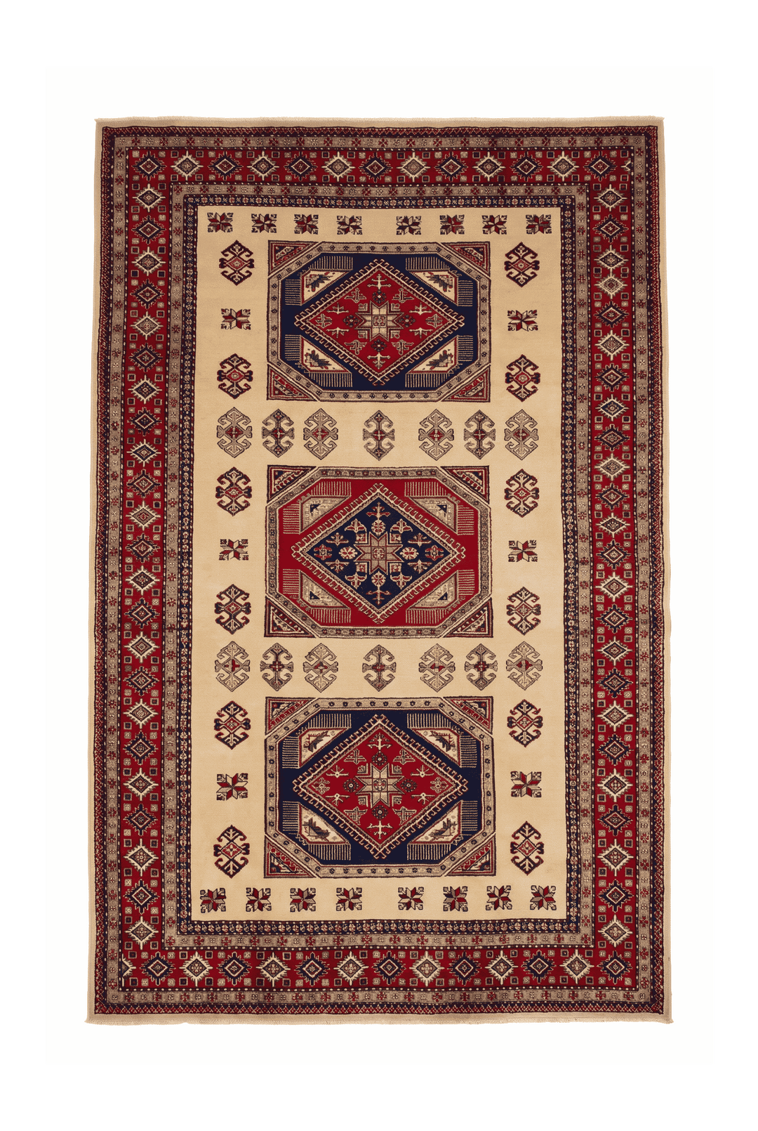 Ivory and red Kazak medallion Afghan Sherwan rug, 207×278cm, 3 tatami