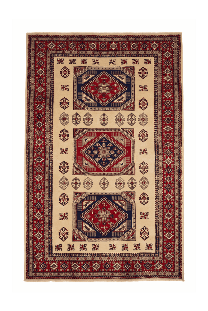 Ivory and red Kazak medallion Afghan Sherwan rug, 207×278cm, 3 tatami