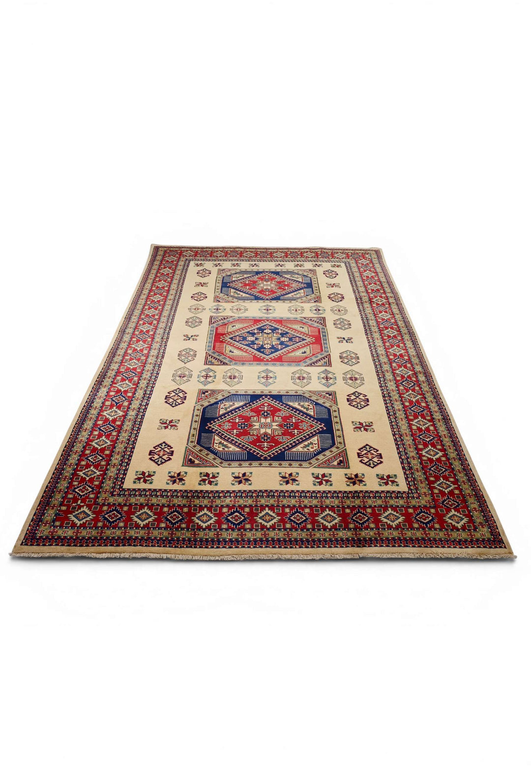 Hand-knotted wool pile of ivory Kazak rug, 207×278cm