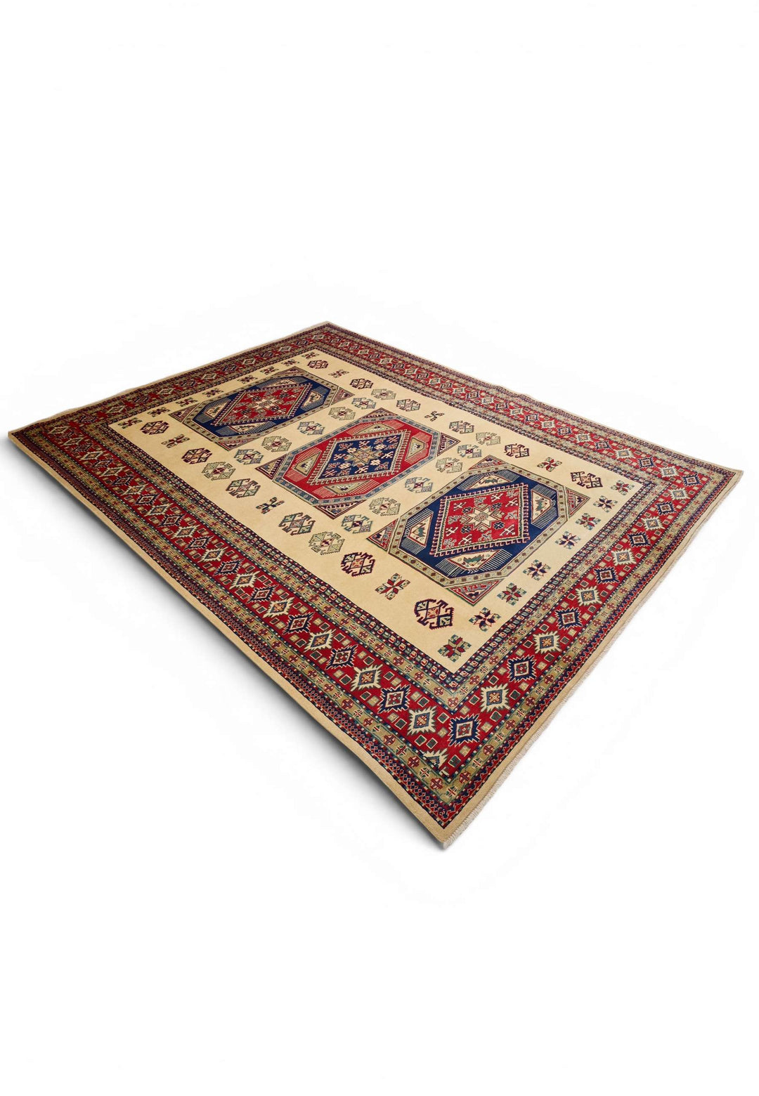 One-of-a-kind ivory and red Kazak medallion Afghan rug
