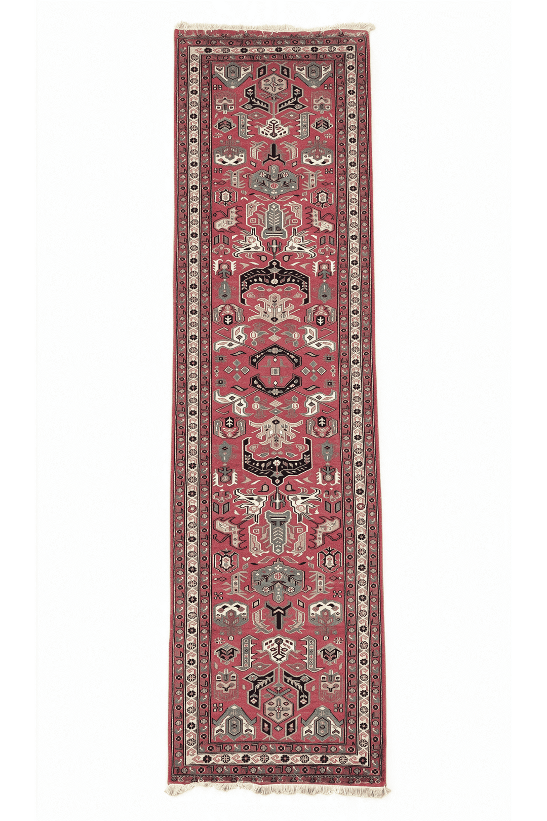 Rose and teal serrated leaf medallion Kazak runner, 78×363cm