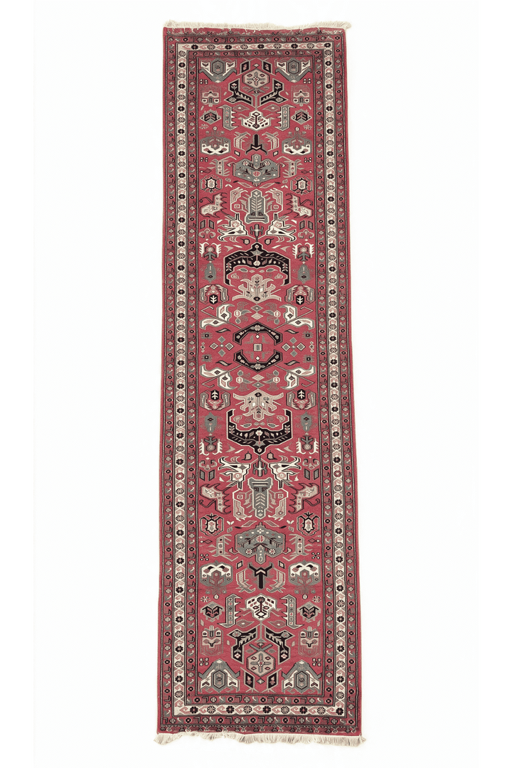 Rose and teal serrated leaf medallion Kazak runner, 78×363cm