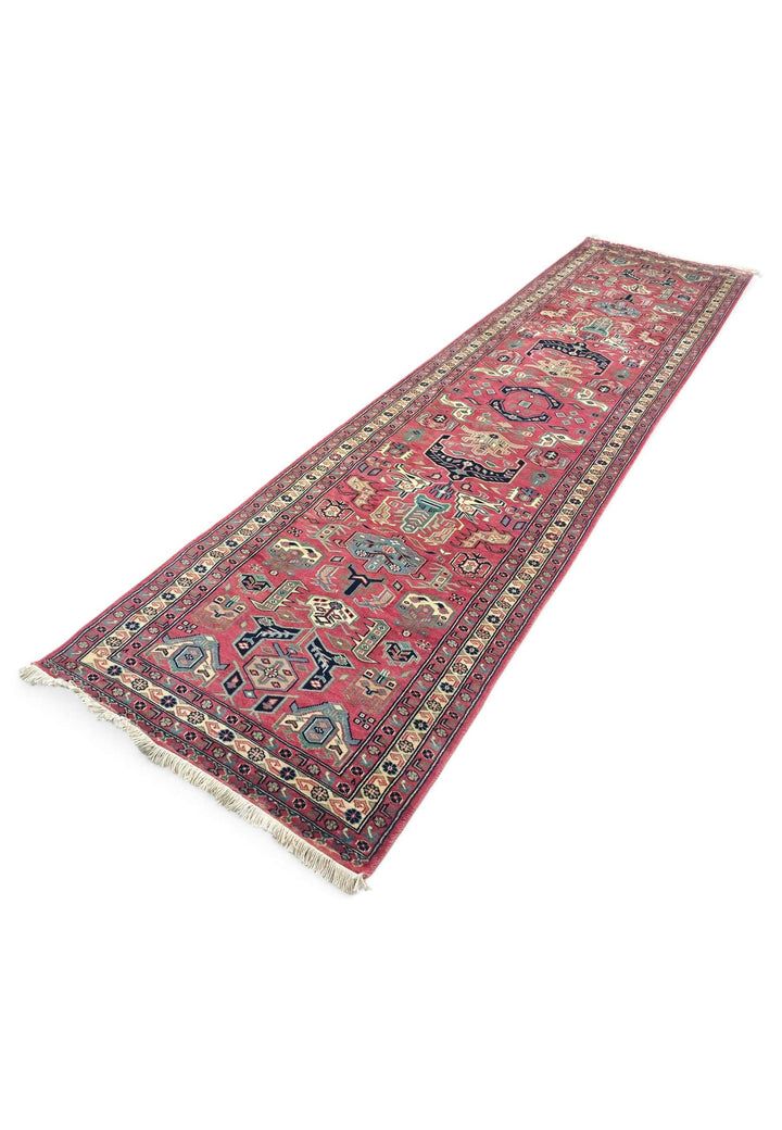 Hand-knotted wool pile of rose teal Kazak runner, 78×363cm