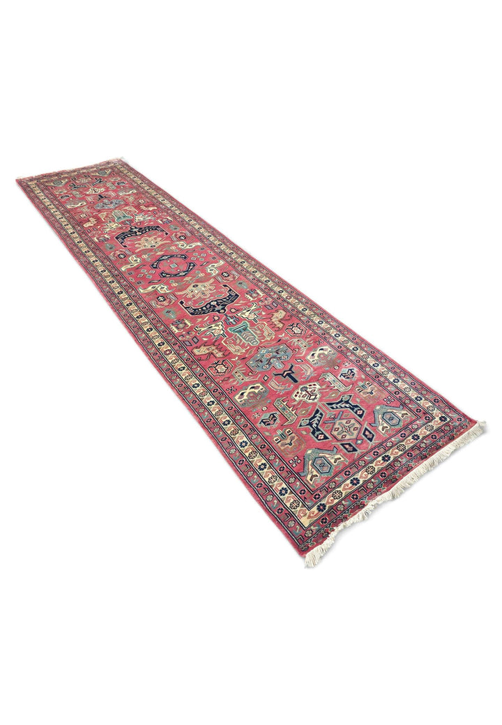 Rose teal Kazak runner 78×363cm, Caucasian design