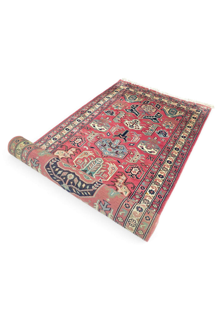 Rose and teal Kazak runner for a long hallway, 363cm