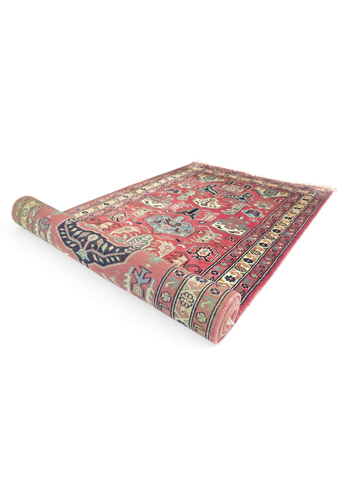 One-of-a-kind rose and teal serrated leaf Kazak runner