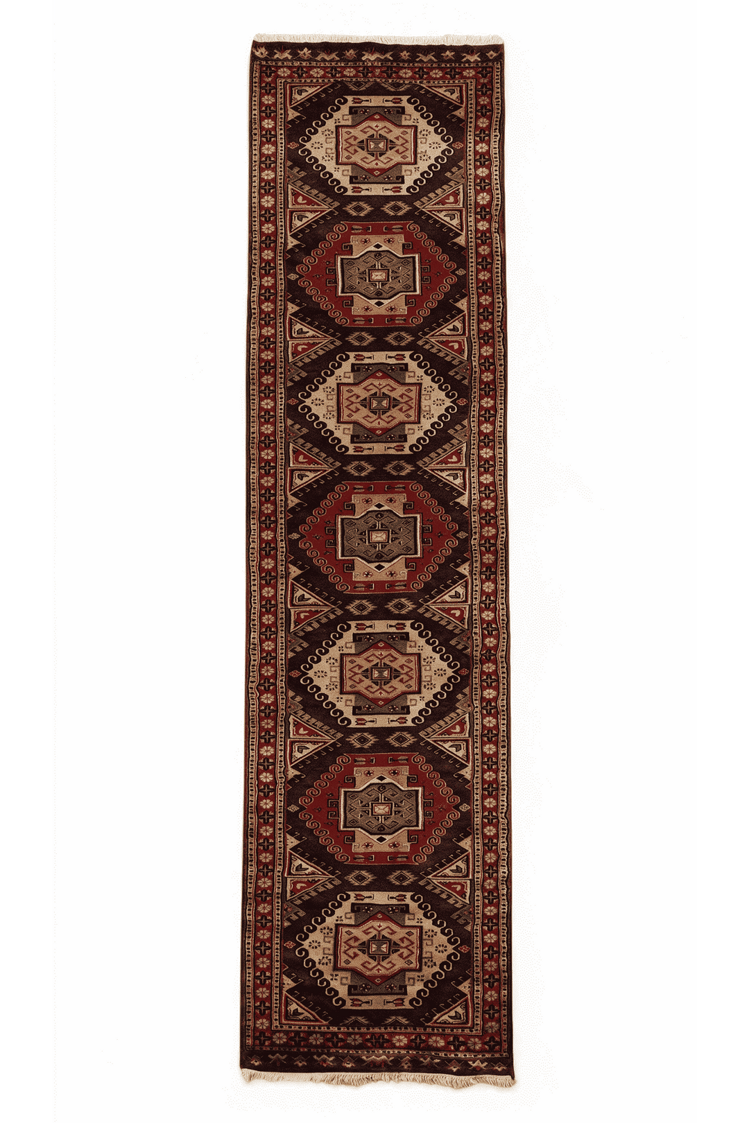 Espresso and madder red scrolled medallion Kazak runner, 79×300cm