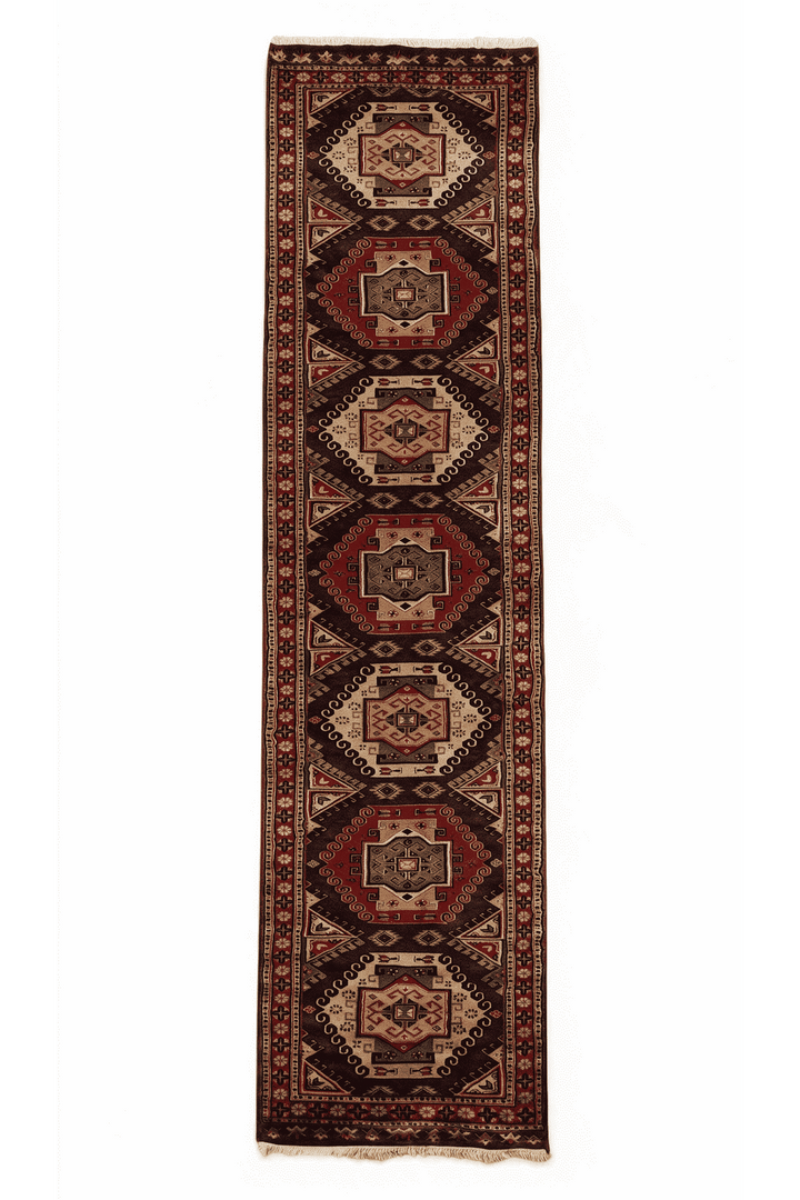 Espresso and madder red scrolled medallion Kazak runner, 79×300cm