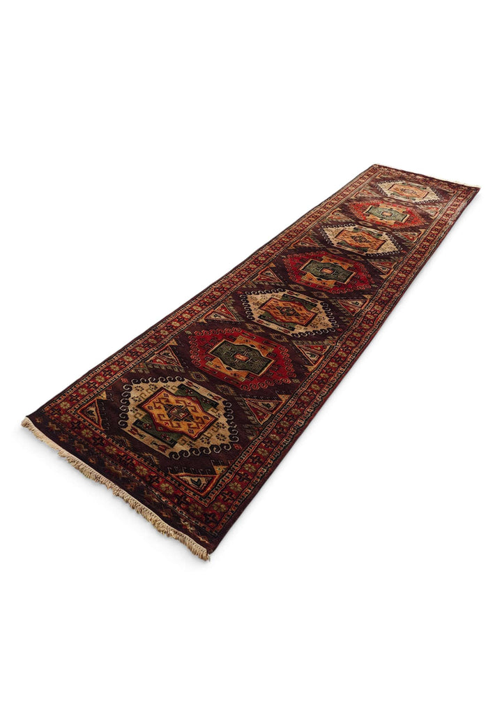Hand-knotted wool pile of espresso Kazak runner, 79×300cm
