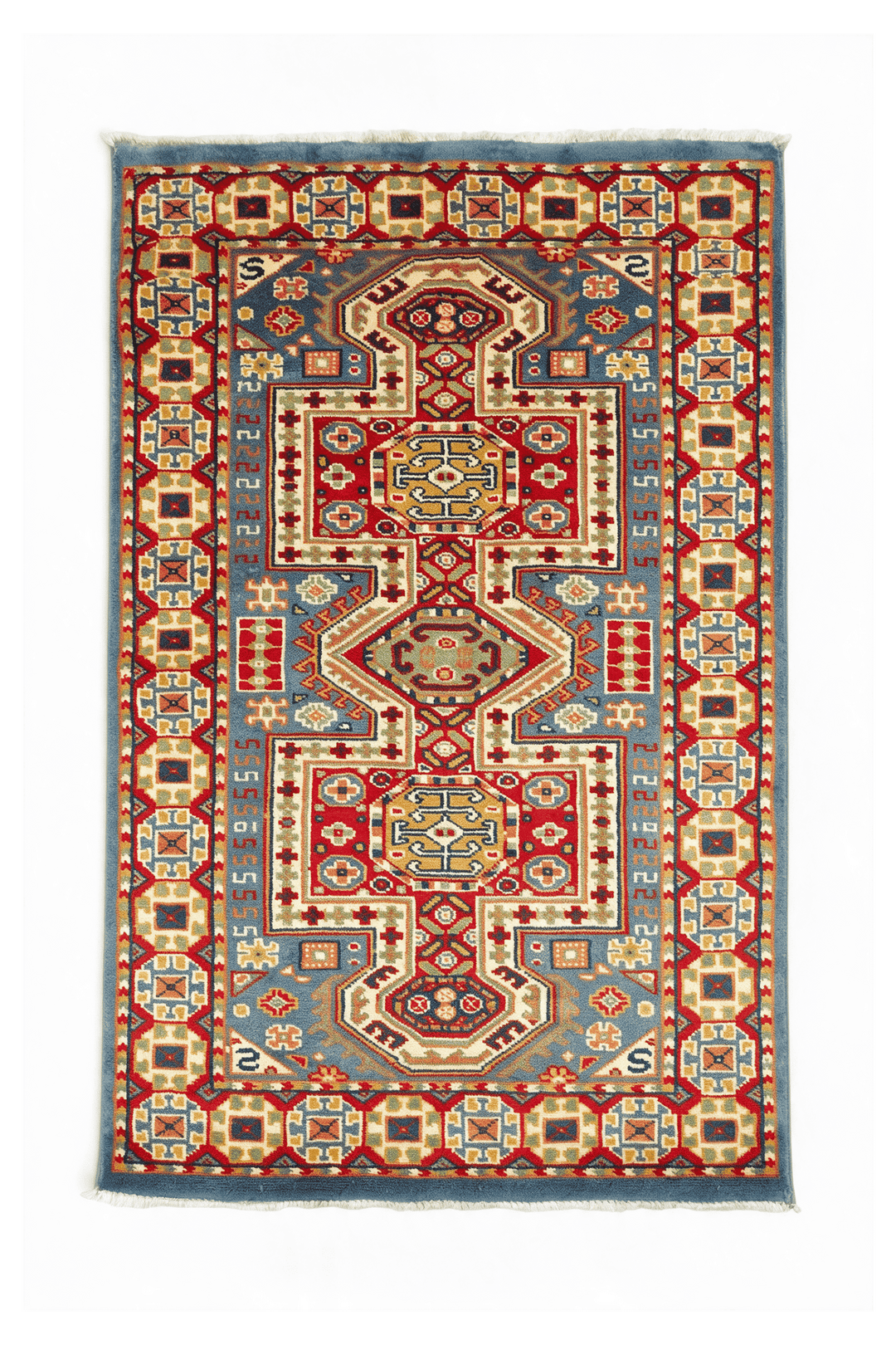 Multicolor Afghan Kazak Rug, geometric design, hand-knotted, 63×94cm