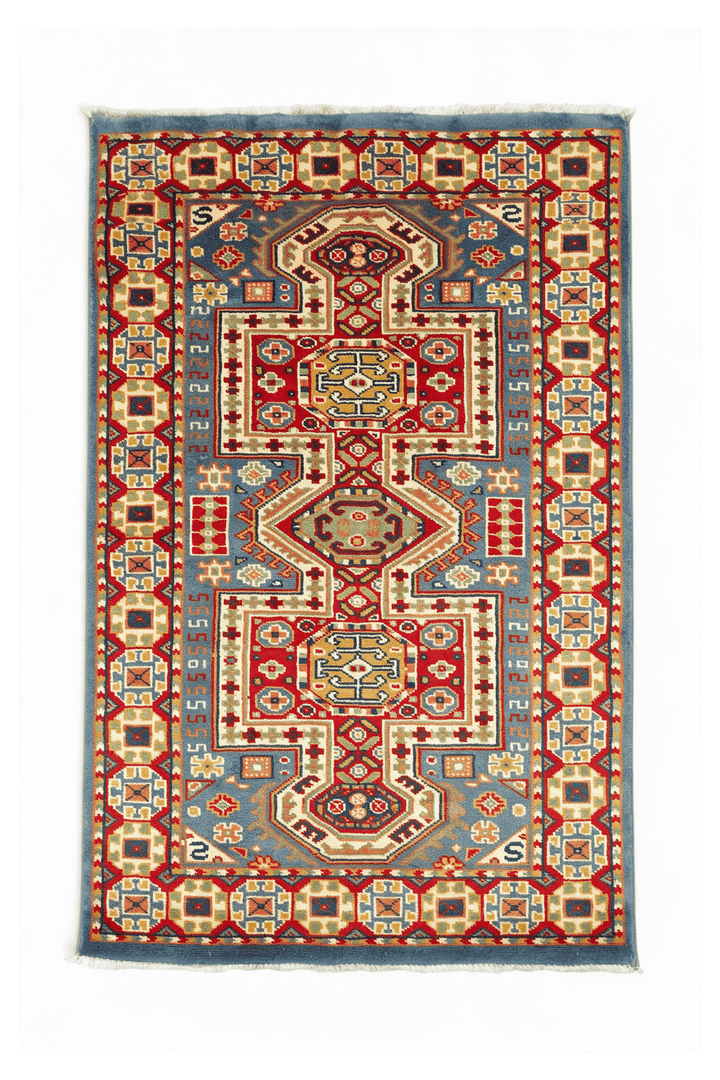 Multicolor Afghan Kazak Rug, geometric design, hand-knotted, 63×94cm