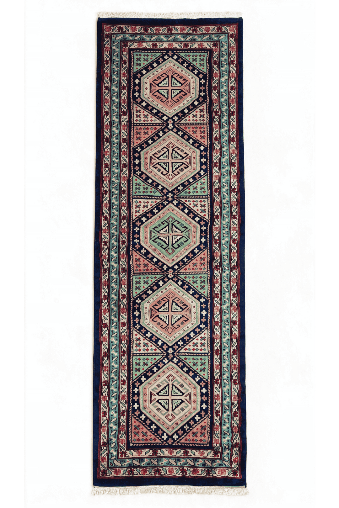 Navy and rose hexagonal medallion Kazak runner, 78×234cm