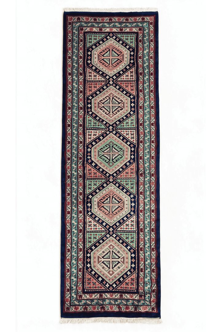 Navy and rose hexagonal medallion Kazak runner, 78×234cm