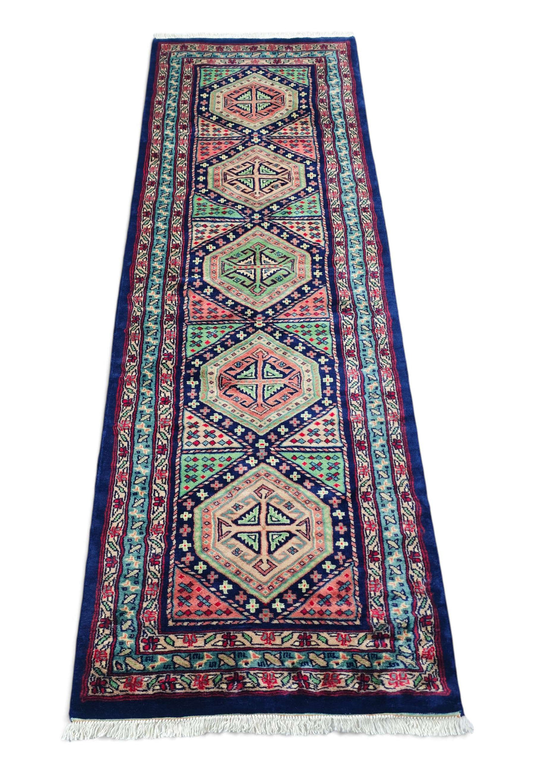 Border detail of navy rose Kazak hand-knotted runner