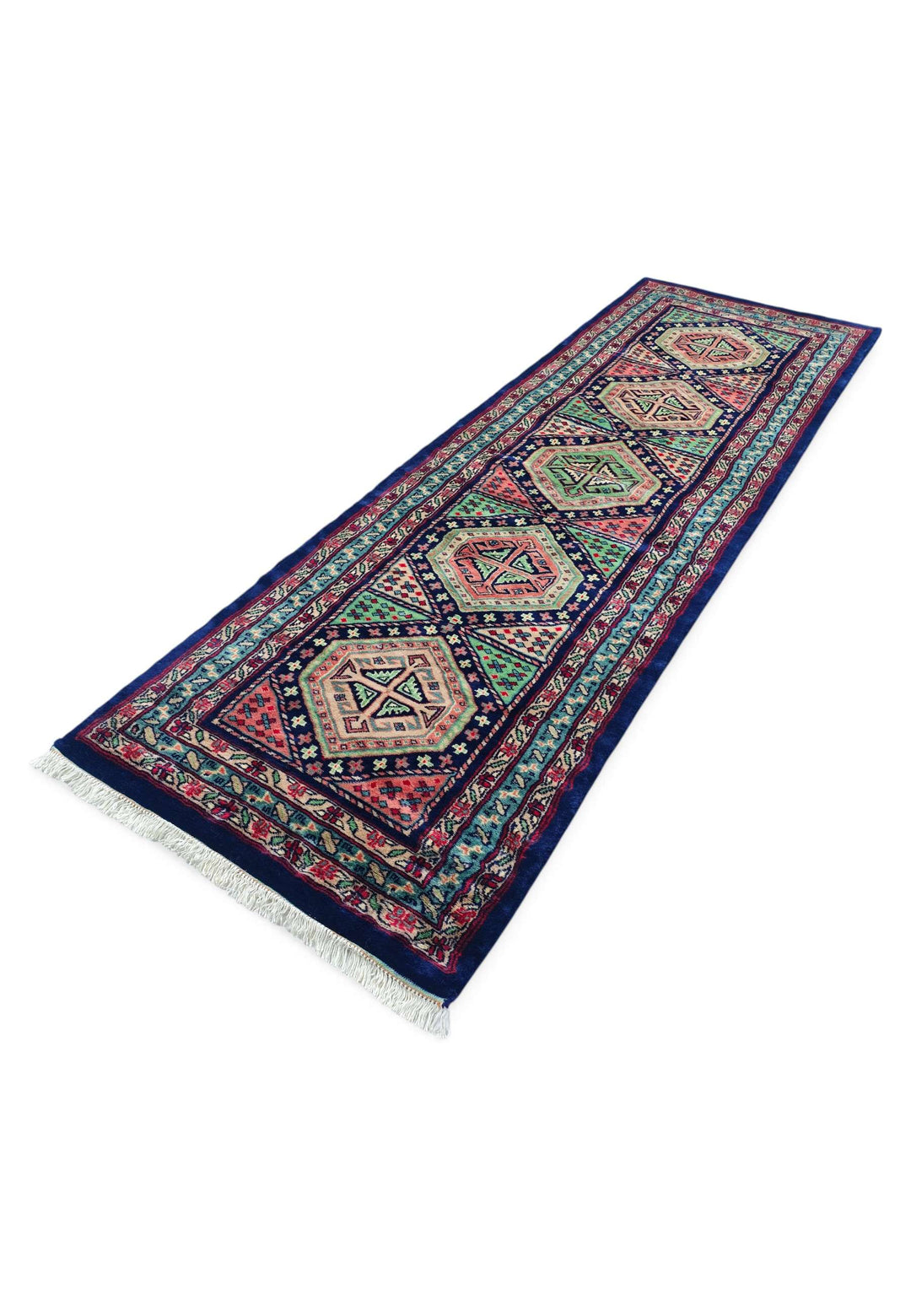 Hand-knotted wool pile of navy rose Kazak runner