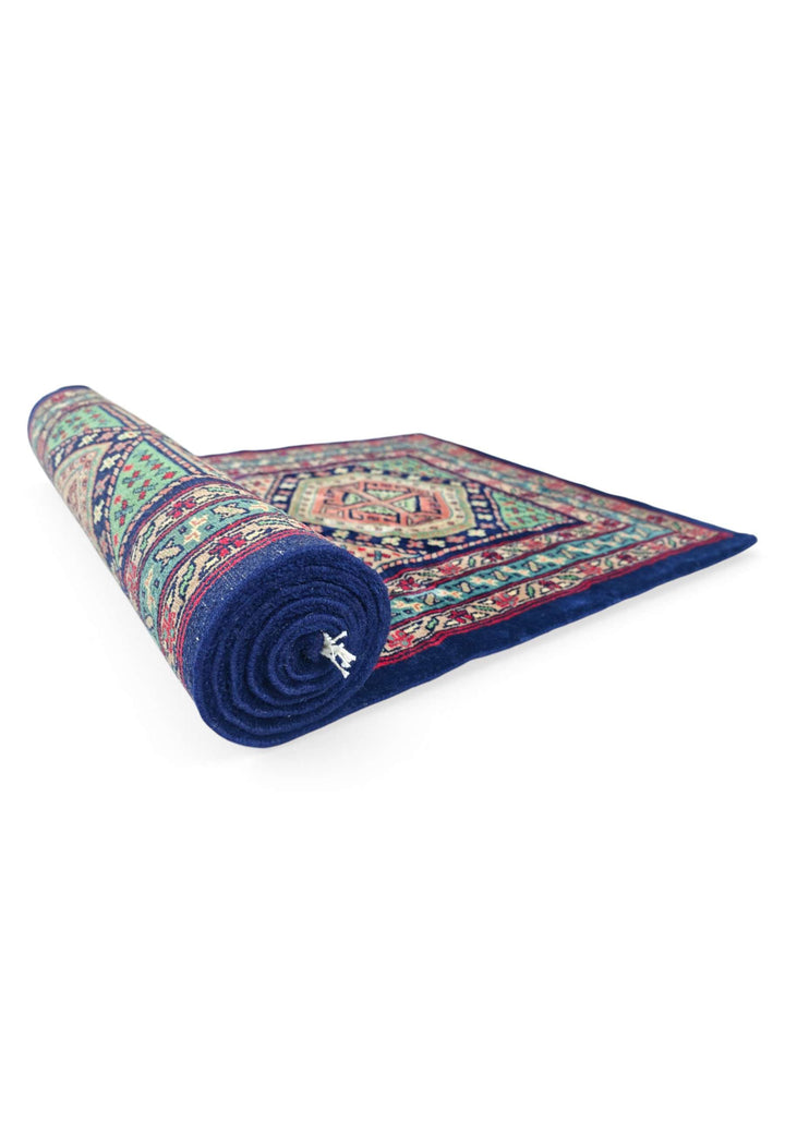 One-of-a-kind navy and rose hexagonal Kazak runner