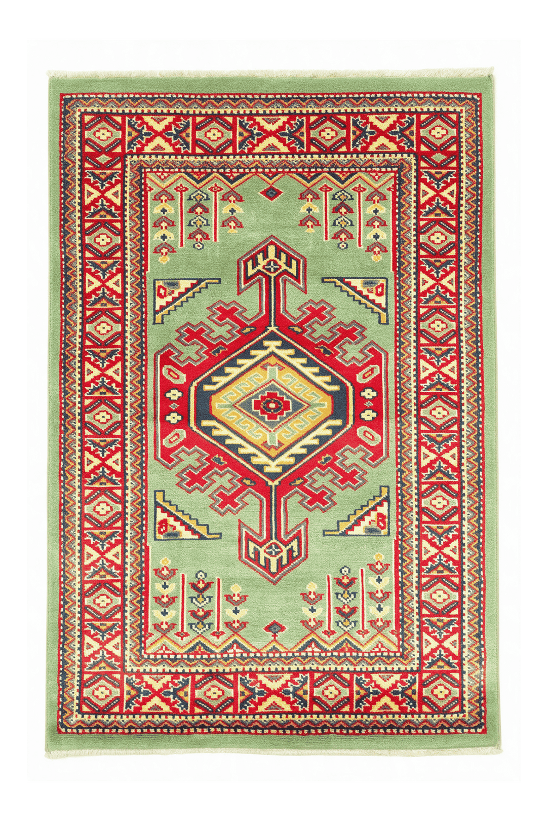 Pistachio Green Afghan Kazak Rug, geometric design, hand-knotted, 66×93cm