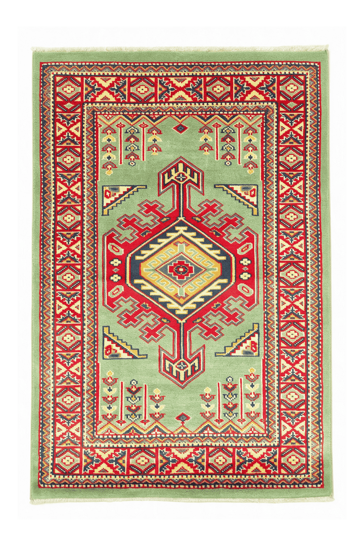 Pistachio Green Afghan Kazak Rug, geometric design, hand-knotted, 66×93cm