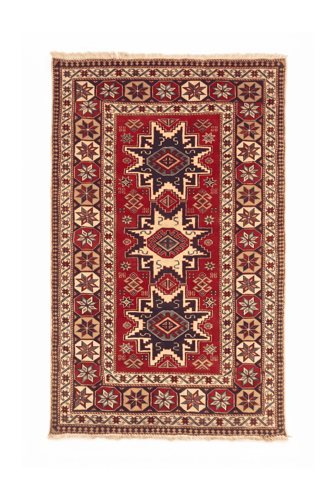 Red and ivory Kazak star Afghan Sherwan rug, 101×163cm, accent size