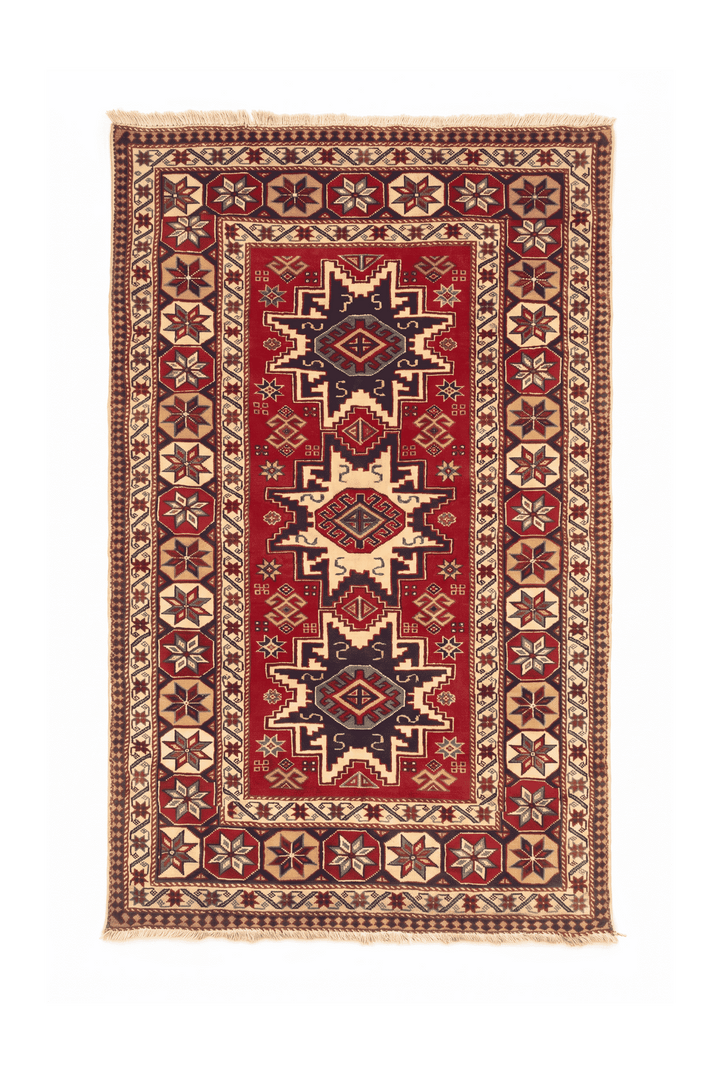 Red and ivory Kazak star Afghan Sherwan rug, 101×163cm, accent size