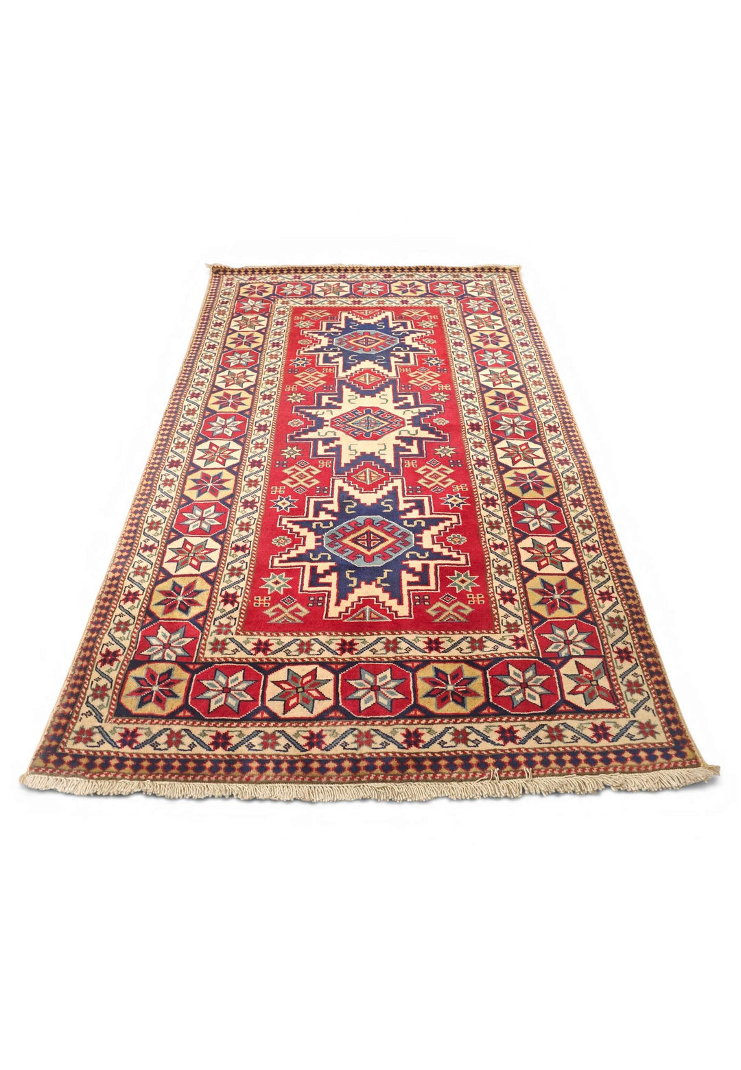 Border detail of red and ivory Kazak hand-knotted Afghan rug