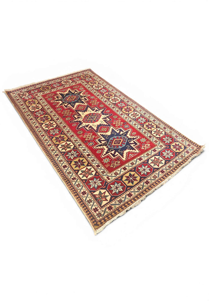 One-of-a-kind red and ivory Kazak star Afghan Sherwan rug