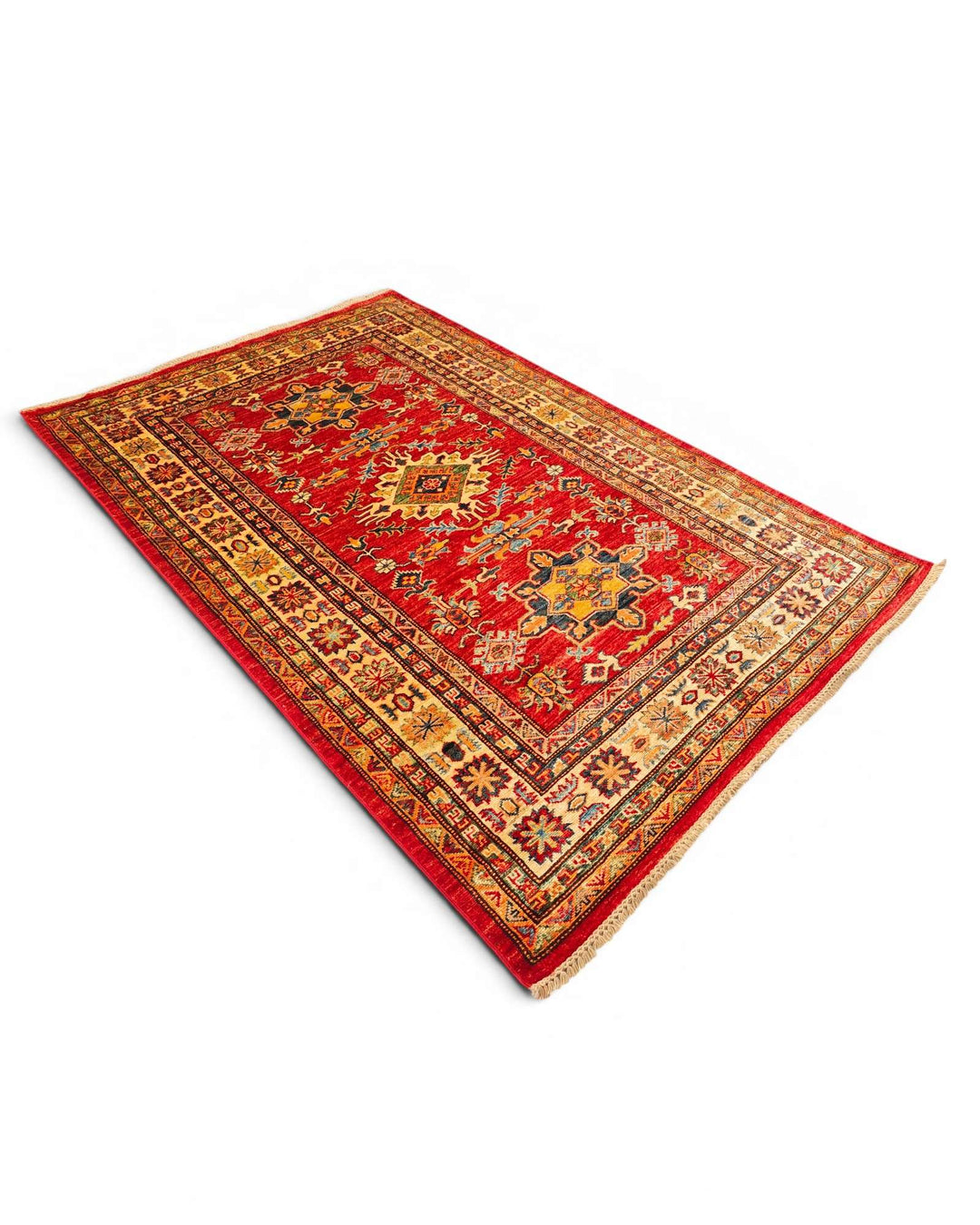 Red gold star Kazak rug 119×181cm, bold Caucasian geometry