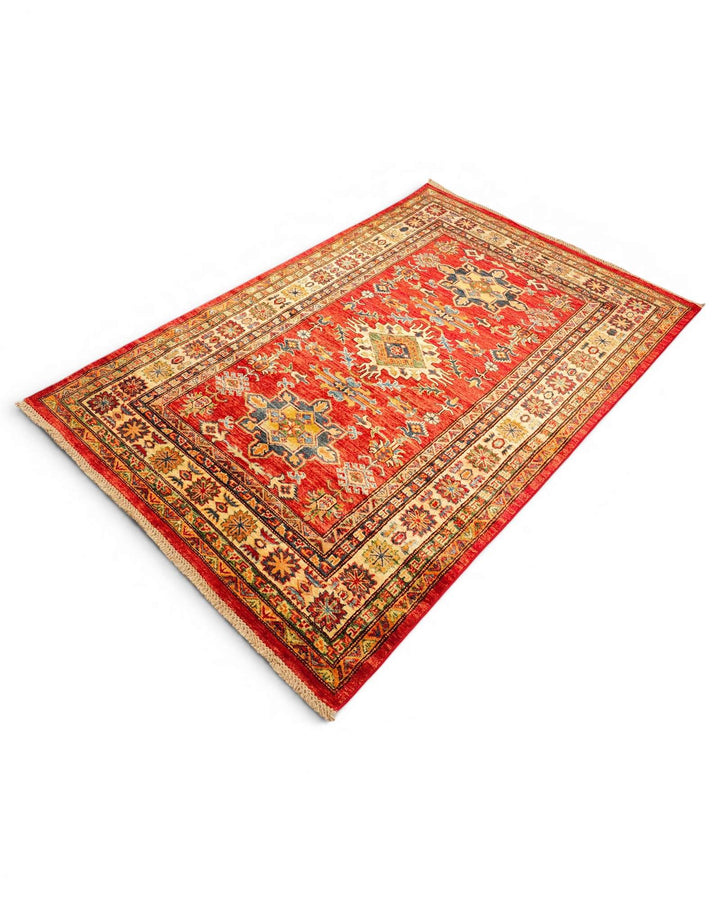 One-of-a-kind red and gold star Kazak rug