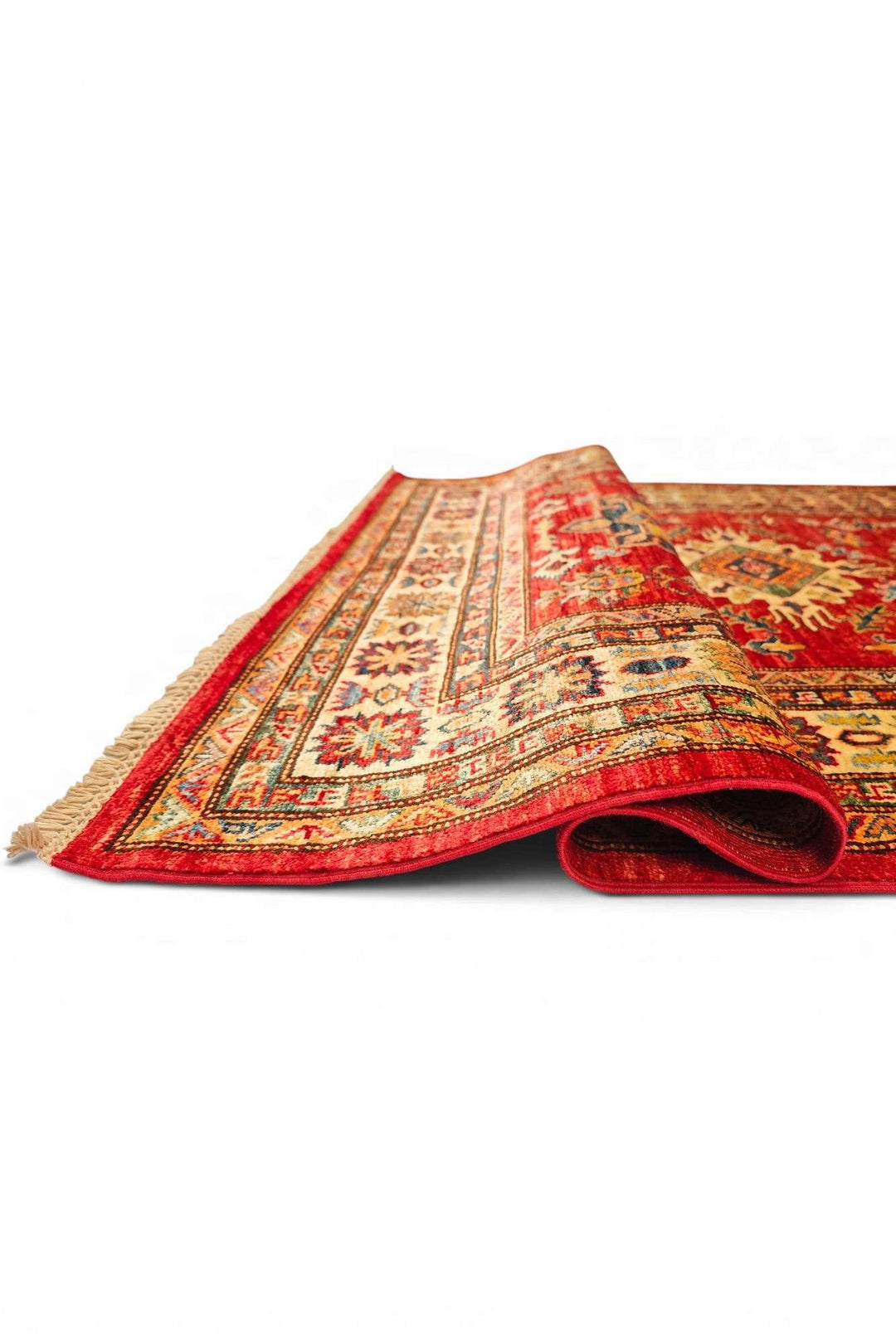 Corner of red gold star Kazak hand-knotted rug