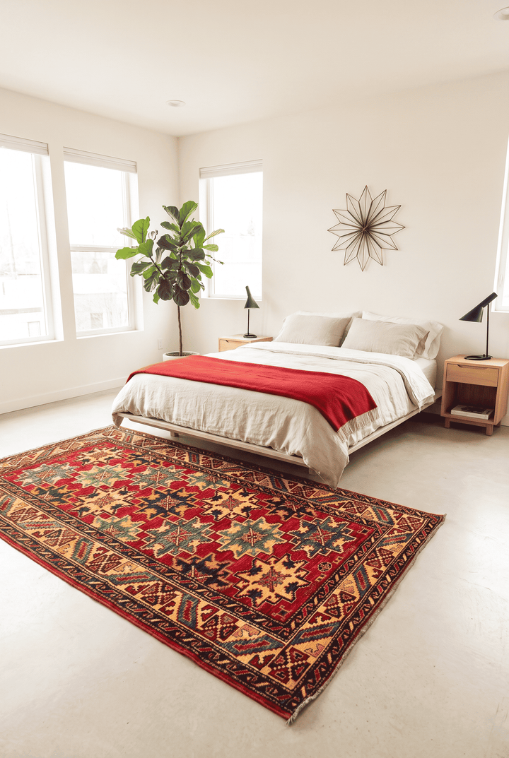 Border detail of red Lesghi star Kazak rug