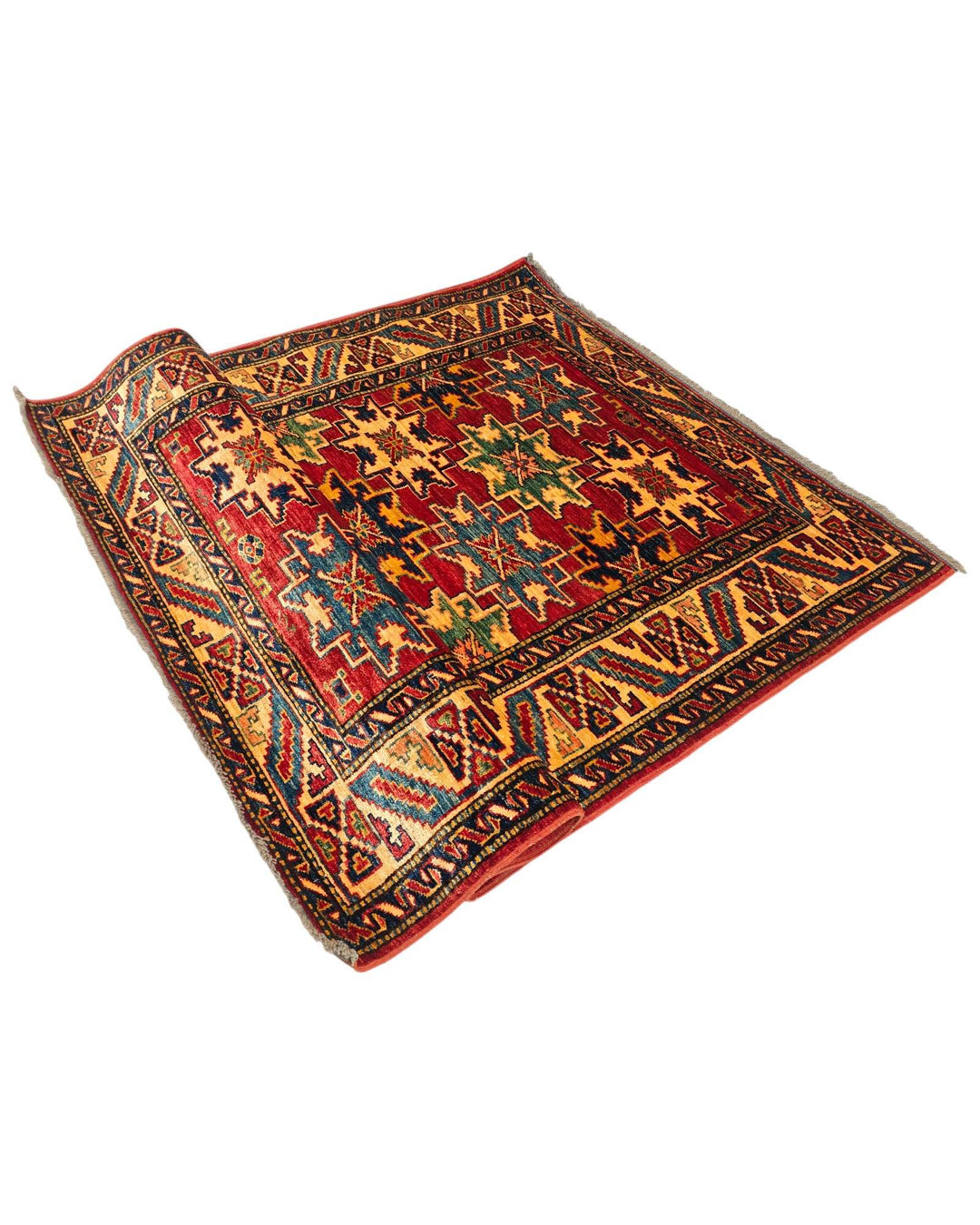 Corner of red Lesghi star Kazak rug