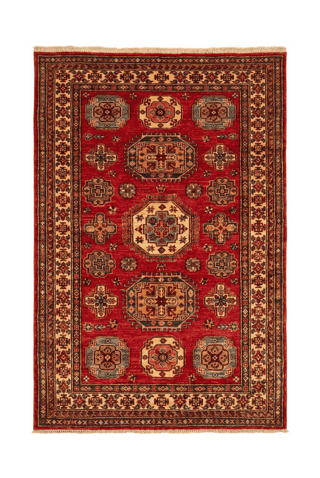 Red and teal tribal Kazak rug, 125×184cm, about 1.5 tatami
