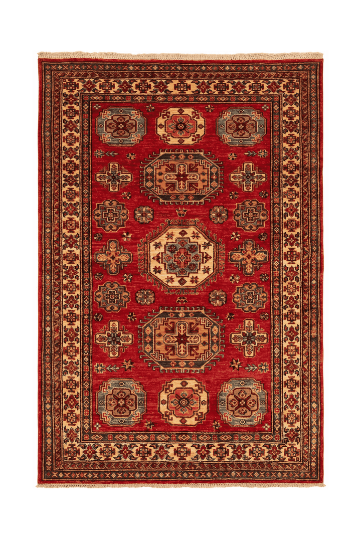 Red and teal tribal Kazak rug, 125×184cm, about 1.5 tatami