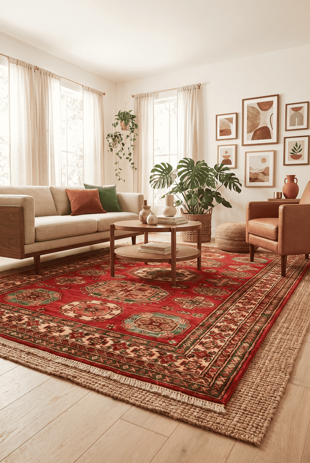 Tribal design detail in red and teal on Kazak rug