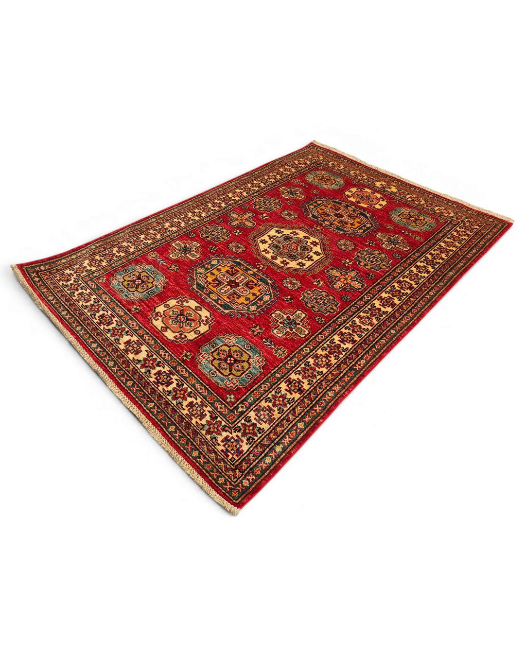 Hand-knotted wool pile of red teal Kazak rug, 125×184cm