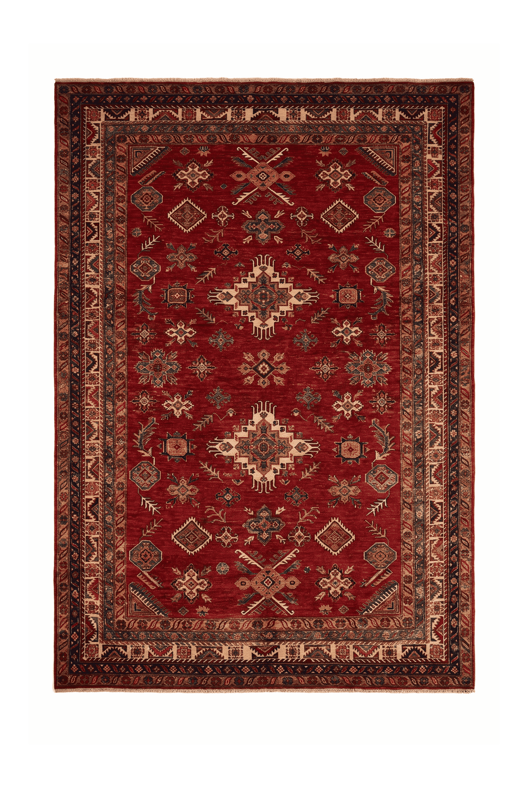 Red and gold tribal Kazak rug, 205×302cm, about 4.5 tatami