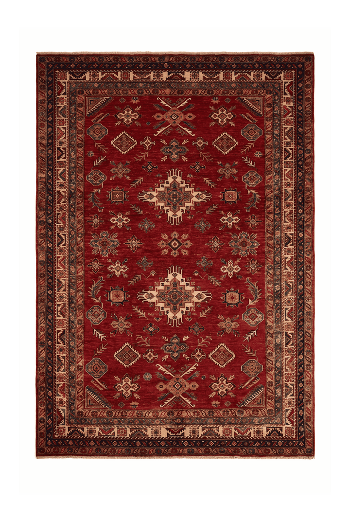 Red and gold tribal Kazak rug, 205×302cm, about 4.5 tatami