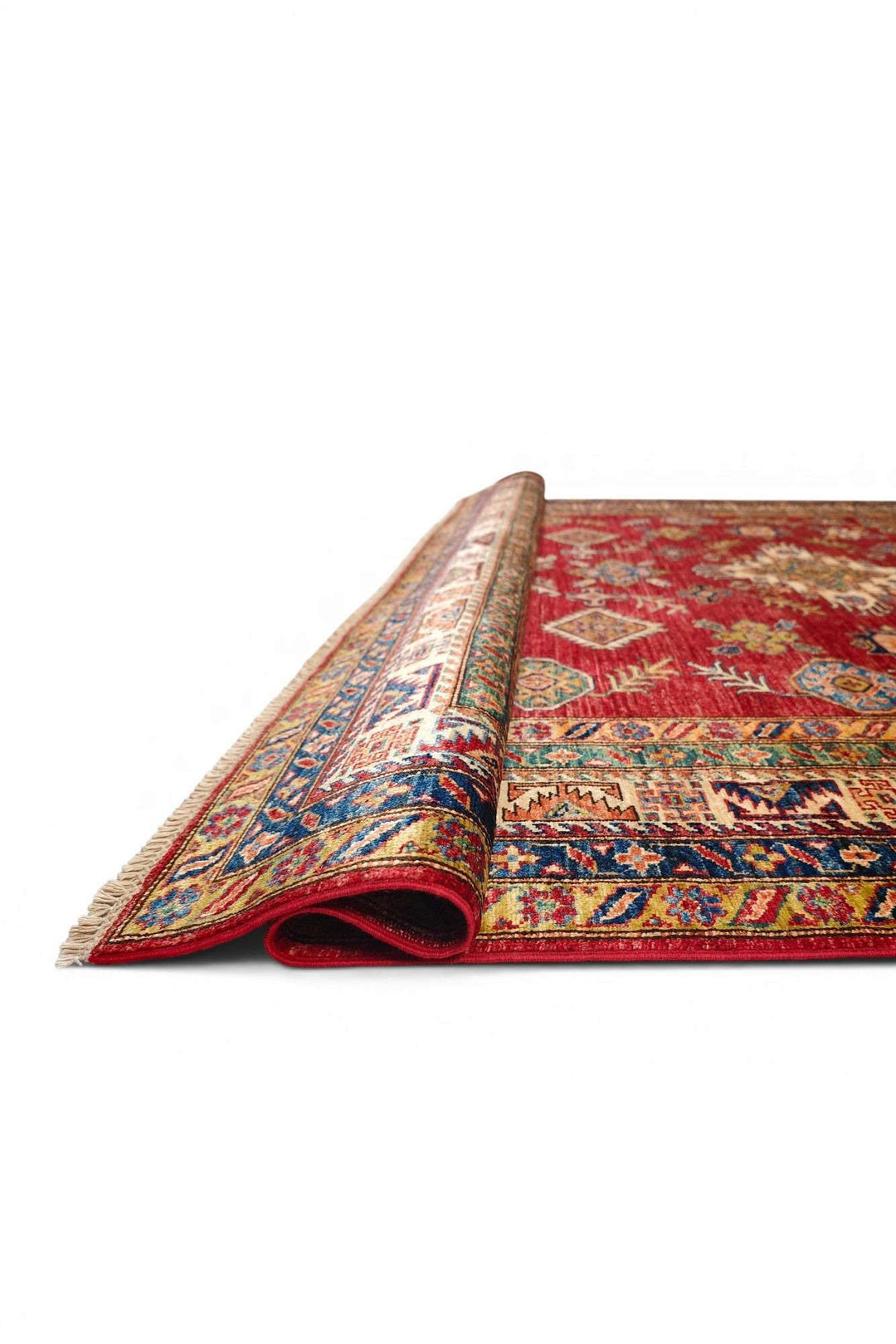 Red gold Kazak rug detail, Caucasian design