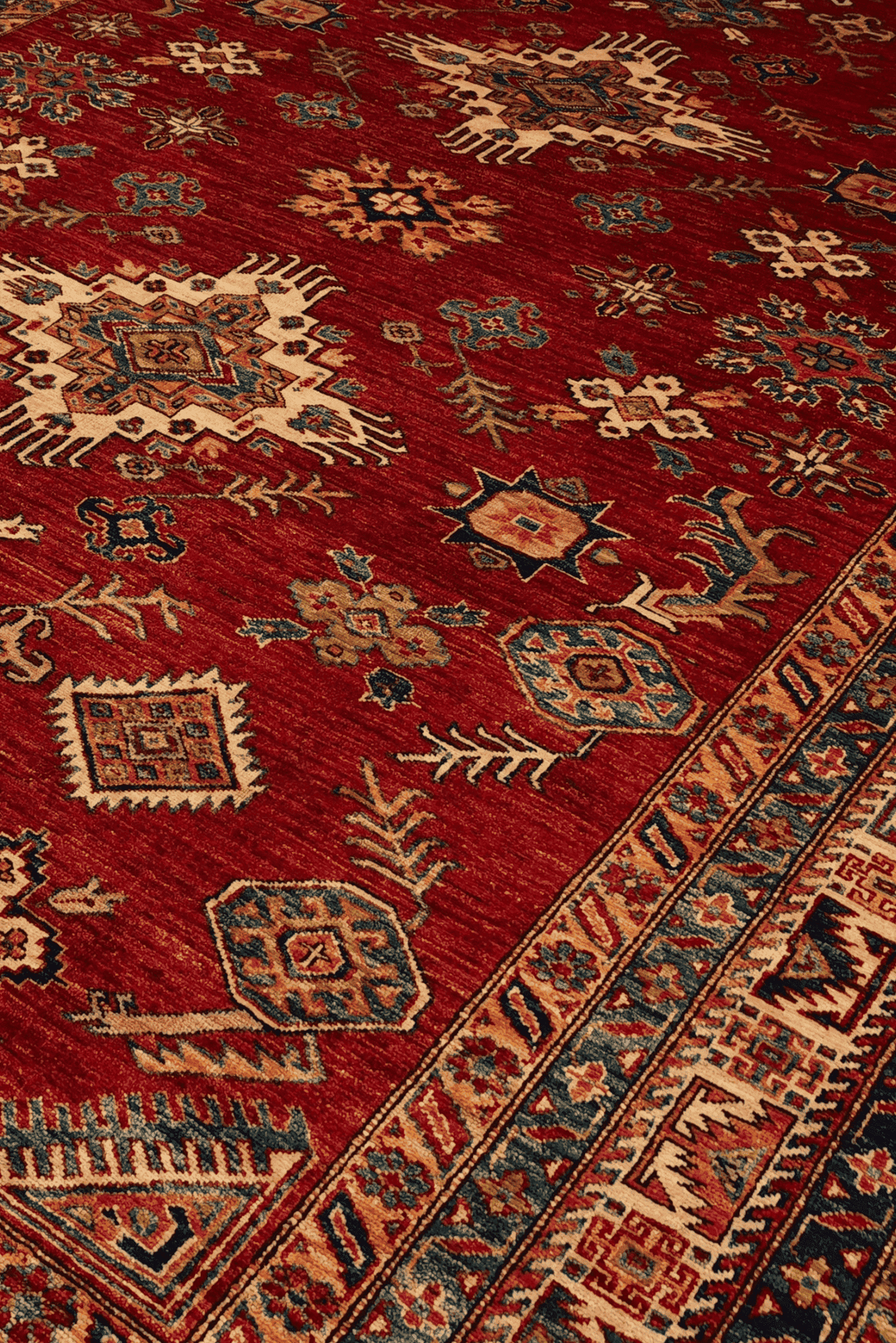 Hand-knotted wool pile of red gold Kazak rug, 205×302cm