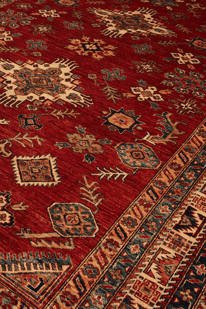 Hand-knotted wool pile of red gold Kazak rug, 205×302cm