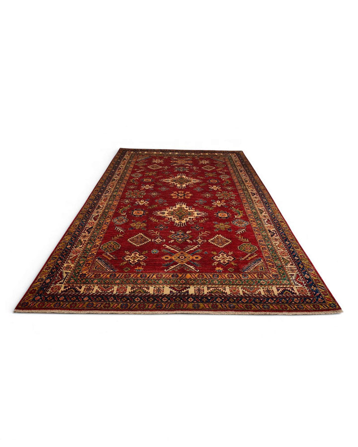 Red gold Kazak rug 205×302cm, bold Caucasian geometry