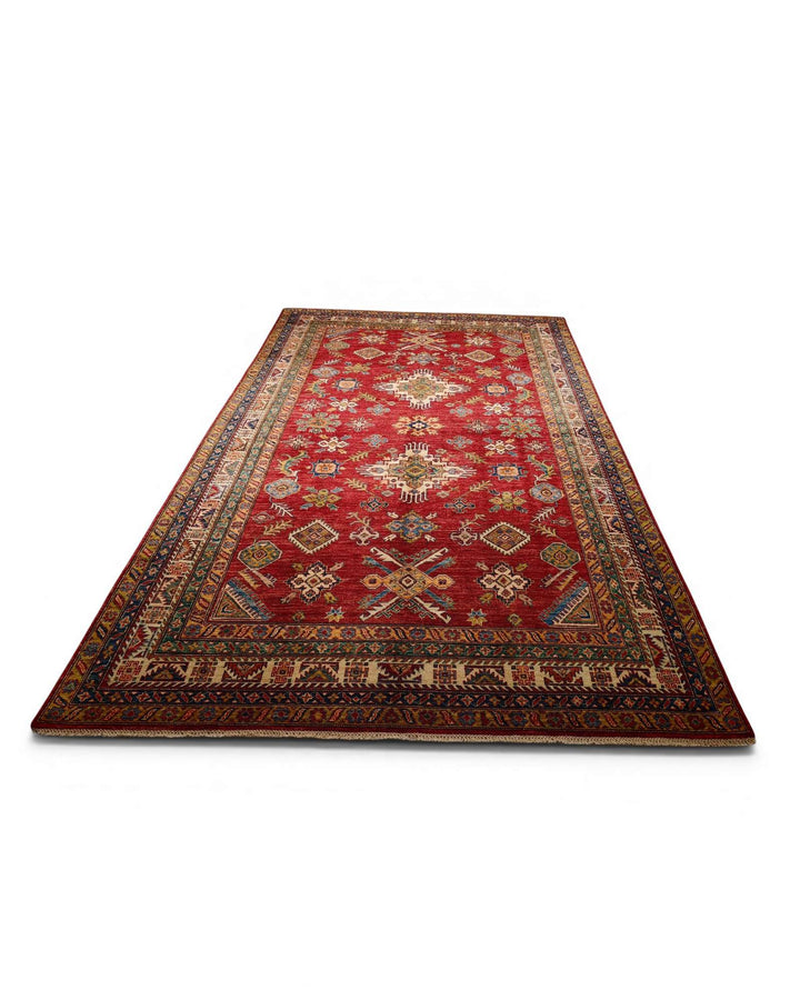 Red and gold Kazak rug for a large living room, 4.5 tatami