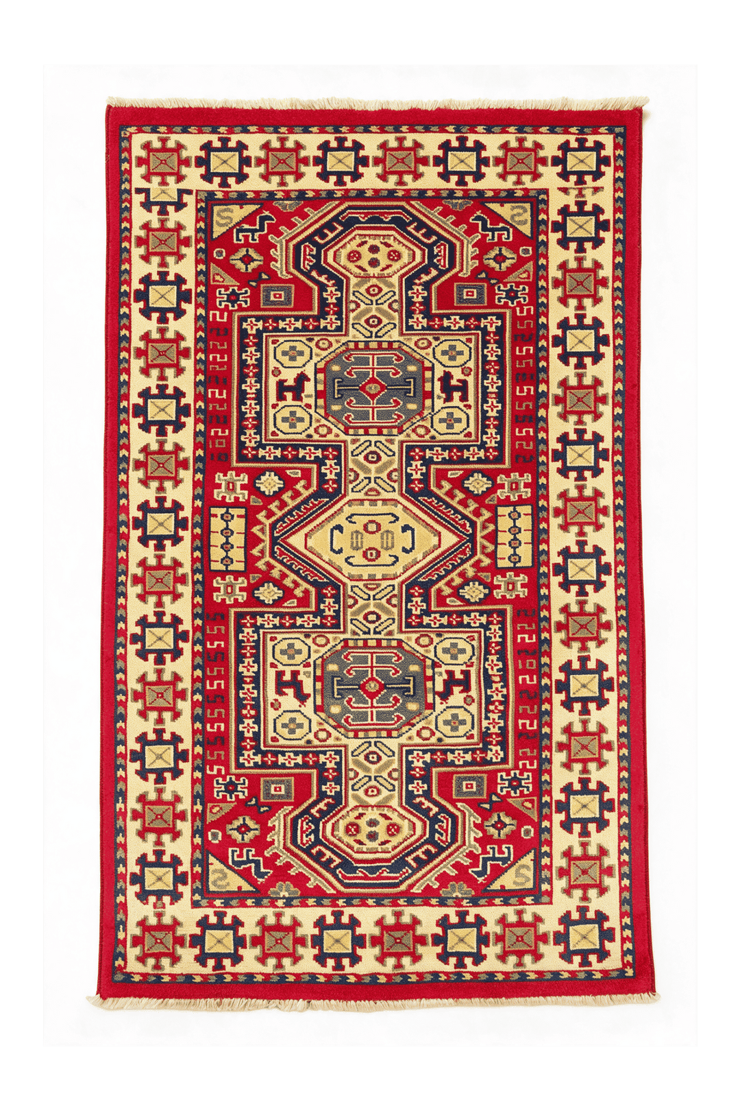 Red Afghan Kazak Rug, geometric design, hand-knotted, 65×120cm