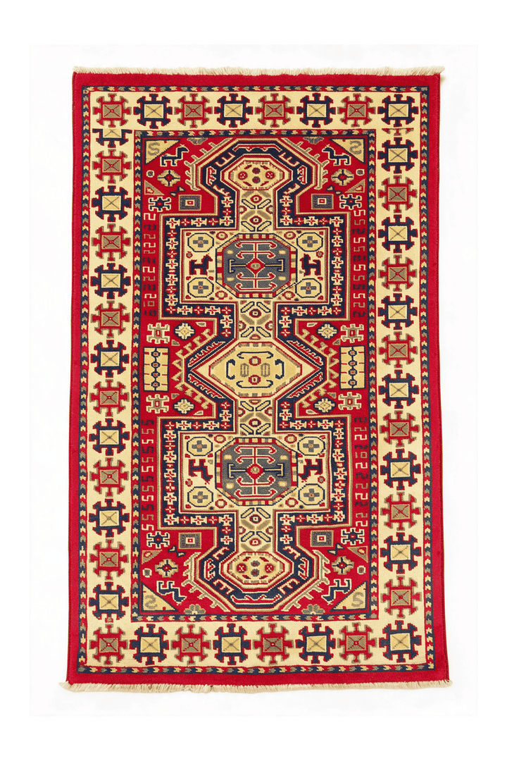 Red Afghan Kazak Rug, geometric design, hand-knotted, 65×120cm