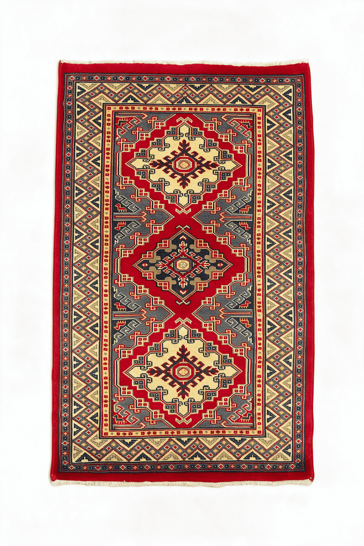 Red Afghan Kazak Rug, geometric design, hand-knotted, 65×87cm