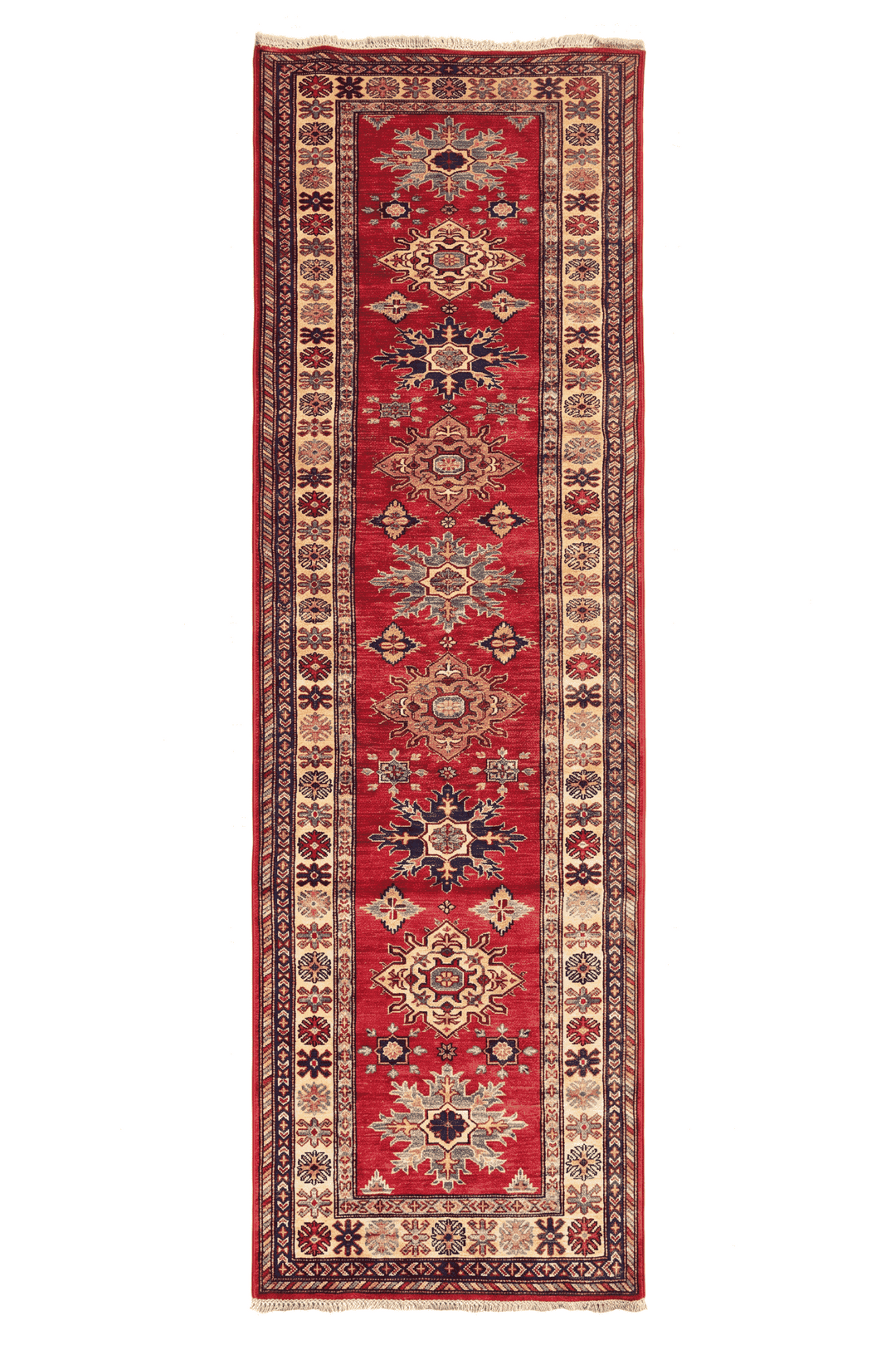 Red and cream serrated star Kazak runner, 81×309cm
