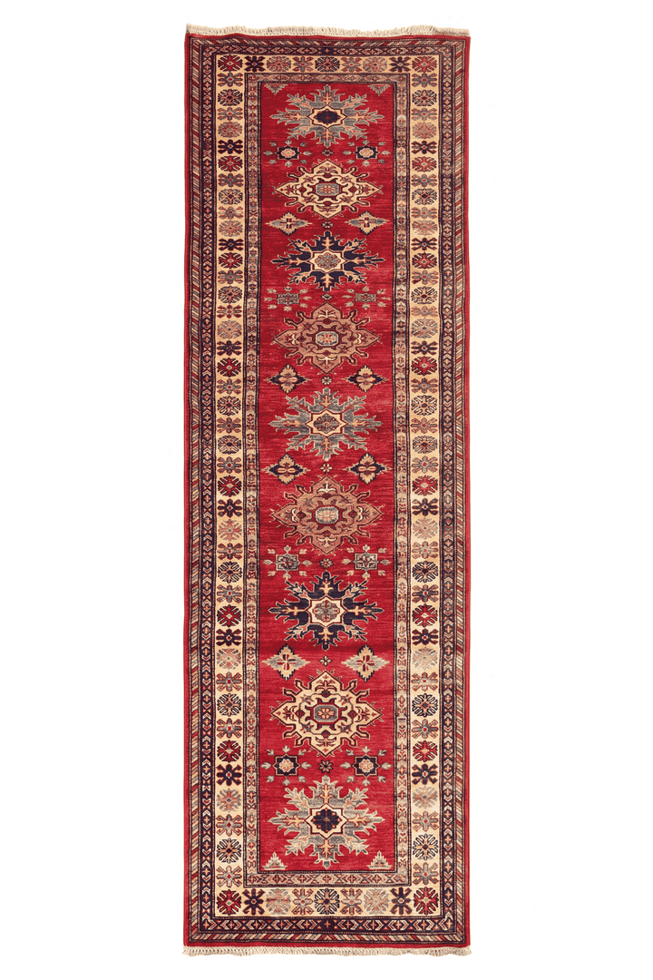 Red and cream serrated star Kazak runner, 81×309cm