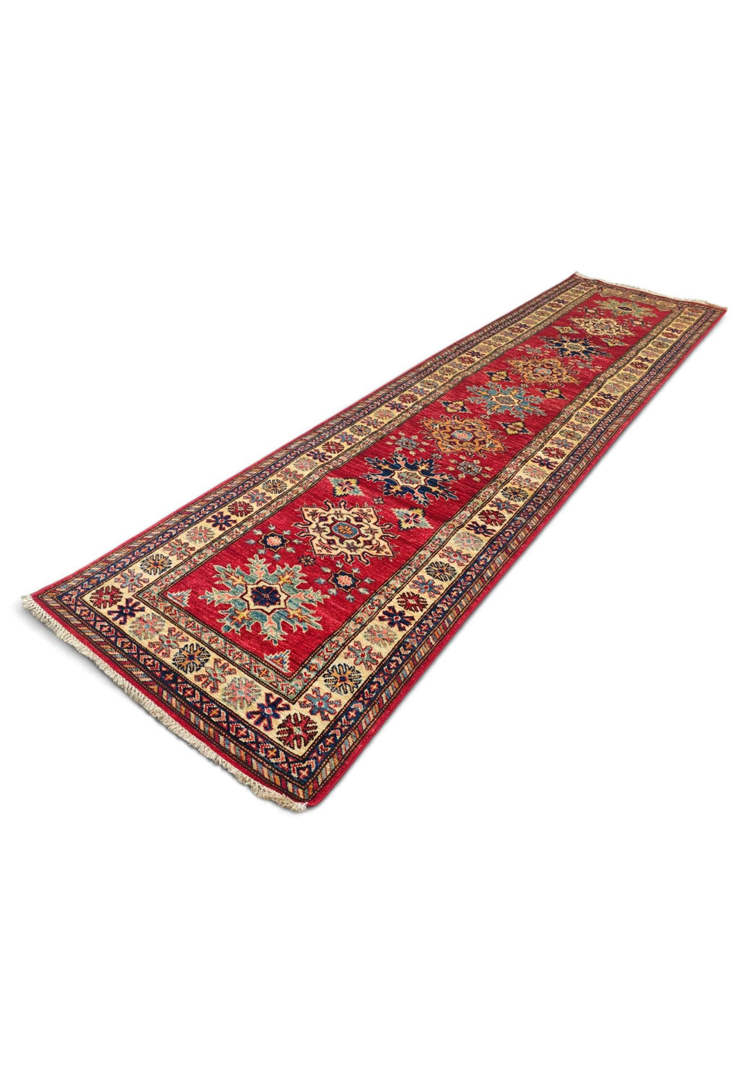 Hand-knotted wool pile of red serrated star runner, 81×309cm