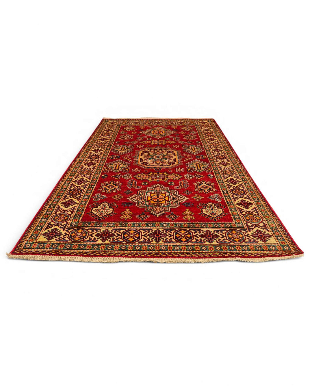 Hand-knotted wool pile of red gold gül rug, 125×179cm