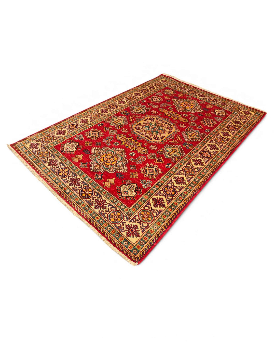 Red gold gül Kazak rug 125×179cm, bold Caucasian geometry